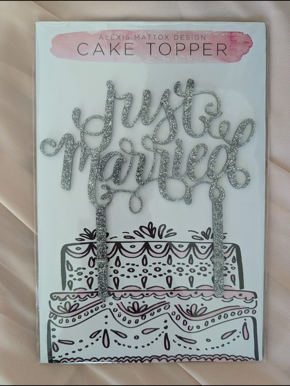 Silver Glittered "Just Married" Cake Topper